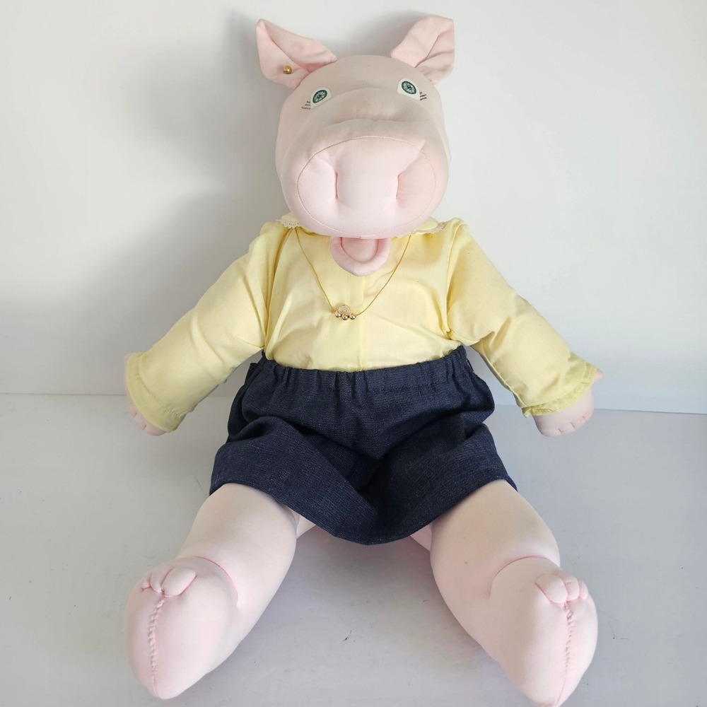 Vintage Handmade‎ Pig Plush Doll Yellow Shirt Denim Skirt 14" Cottagecore Toy